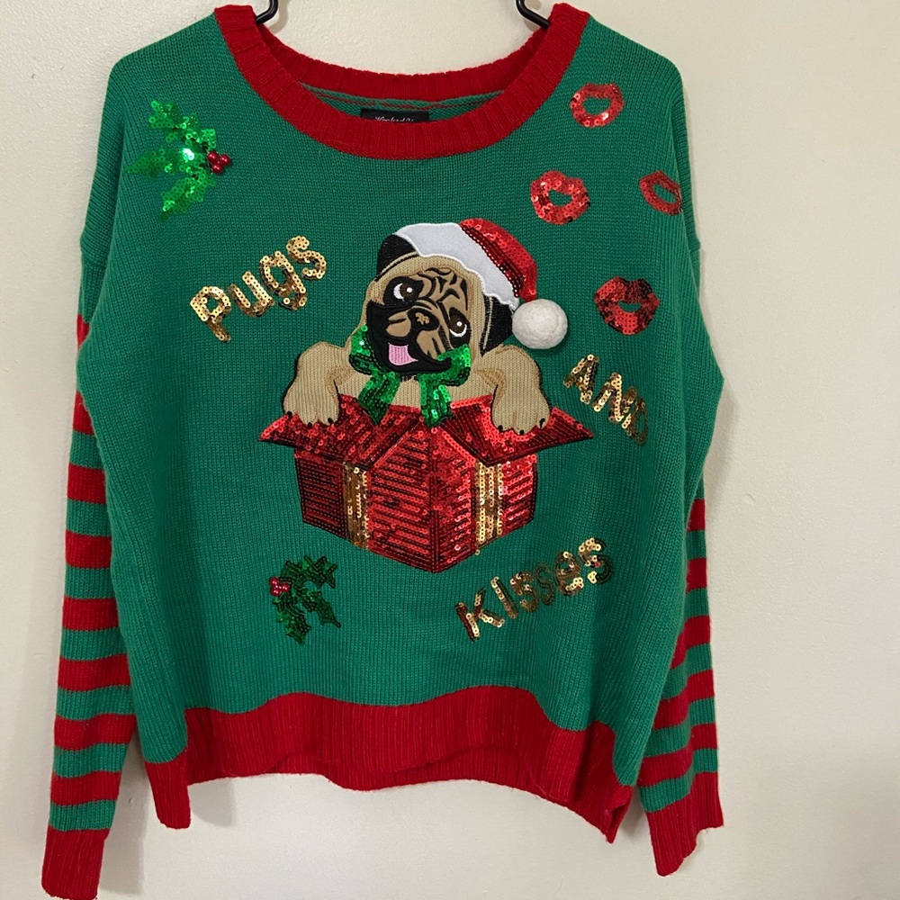 Hooked Up Pugs & Kisses Holiday/Christmas sweater